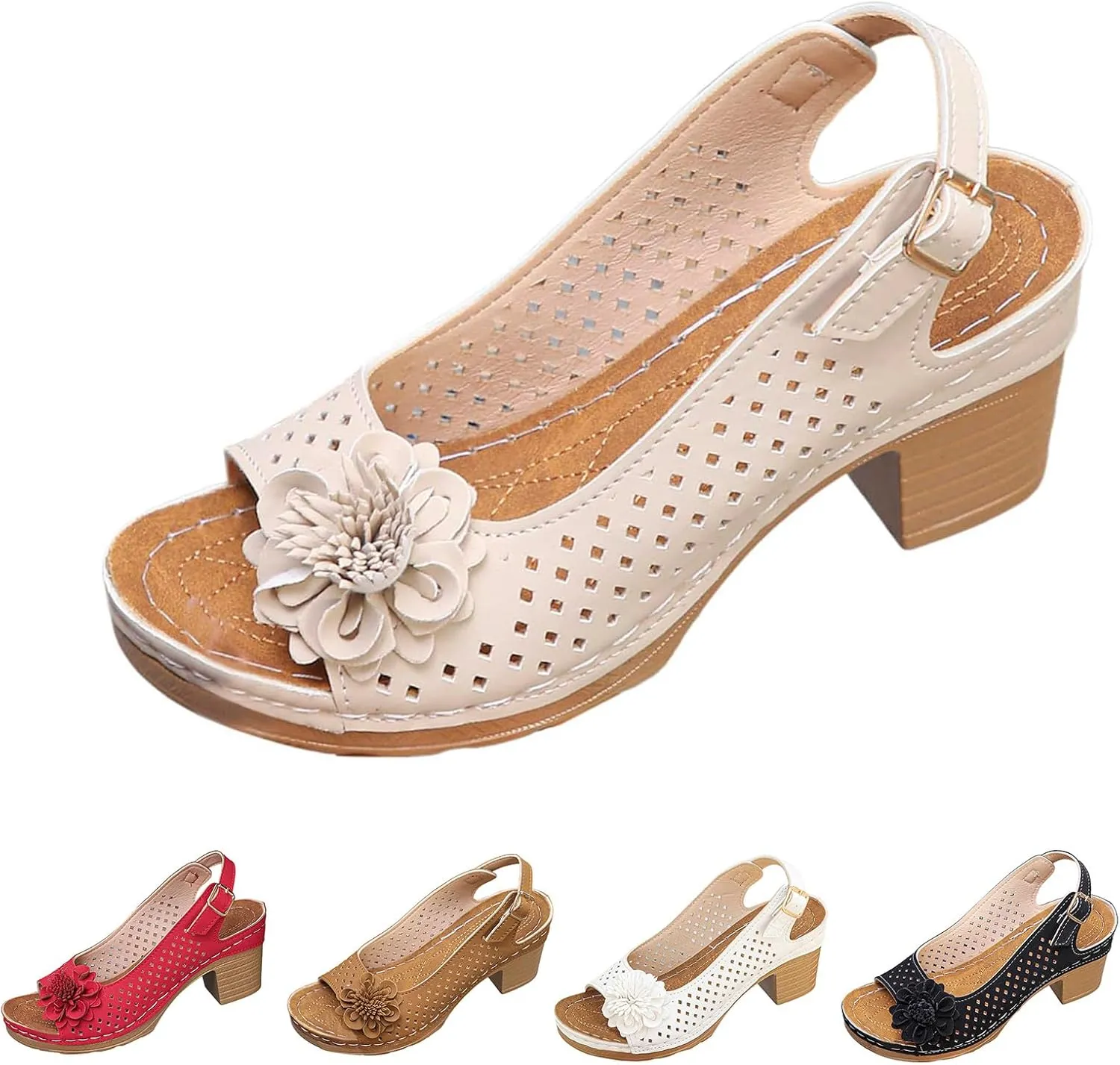 Orthopedic Sandals for Women Casual Non Slip Beach Sandals with Arch Support Dressy Open Toe Ankle Strap Chunky High Heels Sandal Elegant Hollow Out Floral Decor Shoes Fashion Footwear