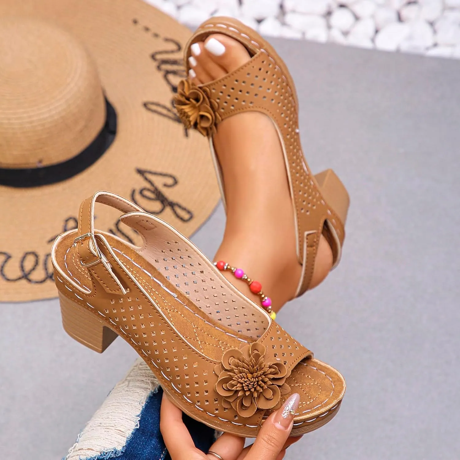 Orthopedic Sandals for Women Casual Non Slip Beach Sandals with Arch Support Dressy Open Toe Ankle Strap Chunky High Heels Sandal Elegant Hollow Out Floral Decor Shoes Fashion Footwear