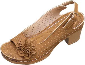 Orthopedic Sandals for Women Casual Non Slip Beach Sandals with Arch Support Dressy Open Toe Ankle Strap Chunky High Heels Sandal Elegant Hollow Out Floral Decor Shoes Fashion Footwear