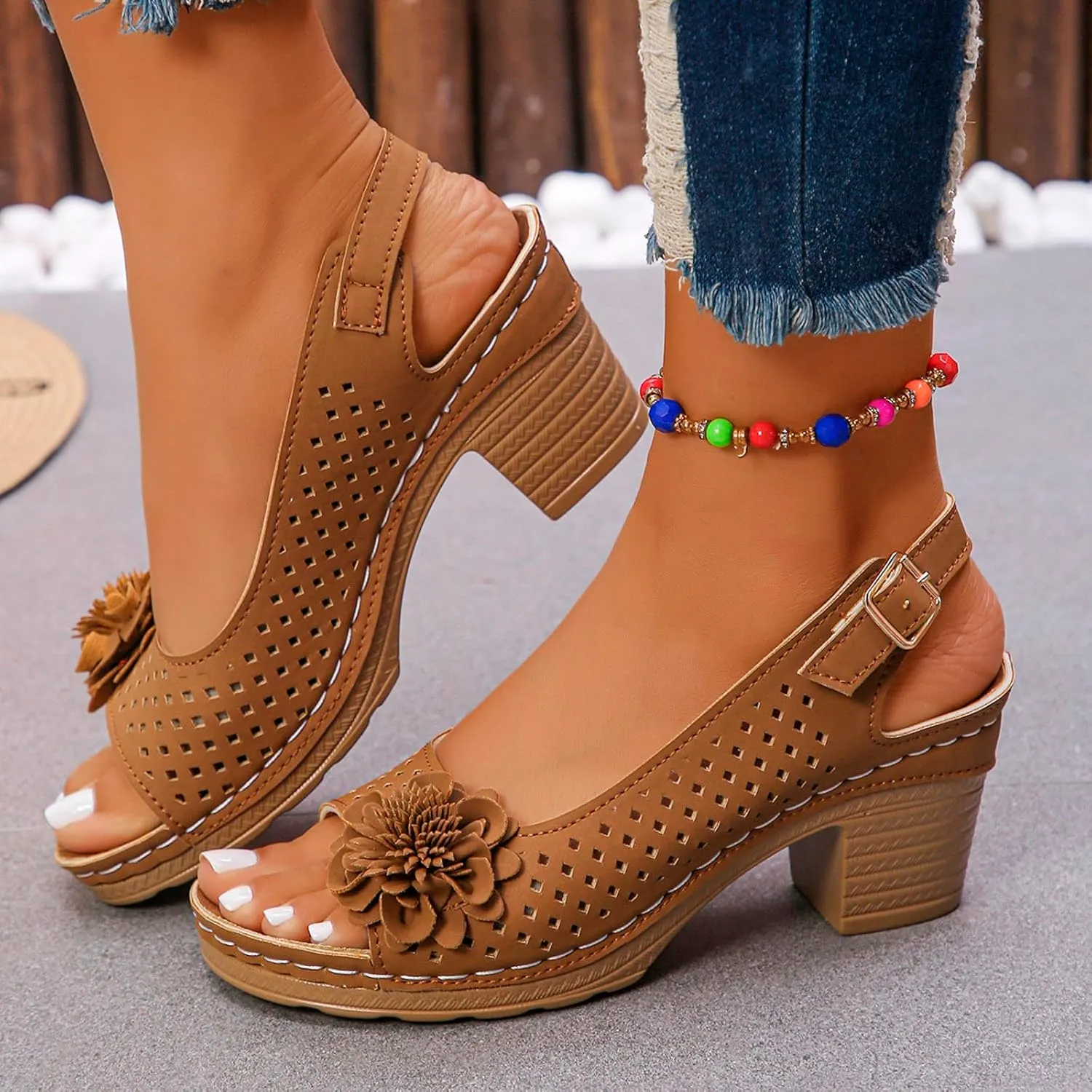 Orthopedic Sandals for Women Casual Non Slip Beach Sandals with Arch Support Dressy Open Toe Ankle Strap Chunky High Heels Sandal Elegant Hollow Out Floral Decor Shoes Fashion Footwear