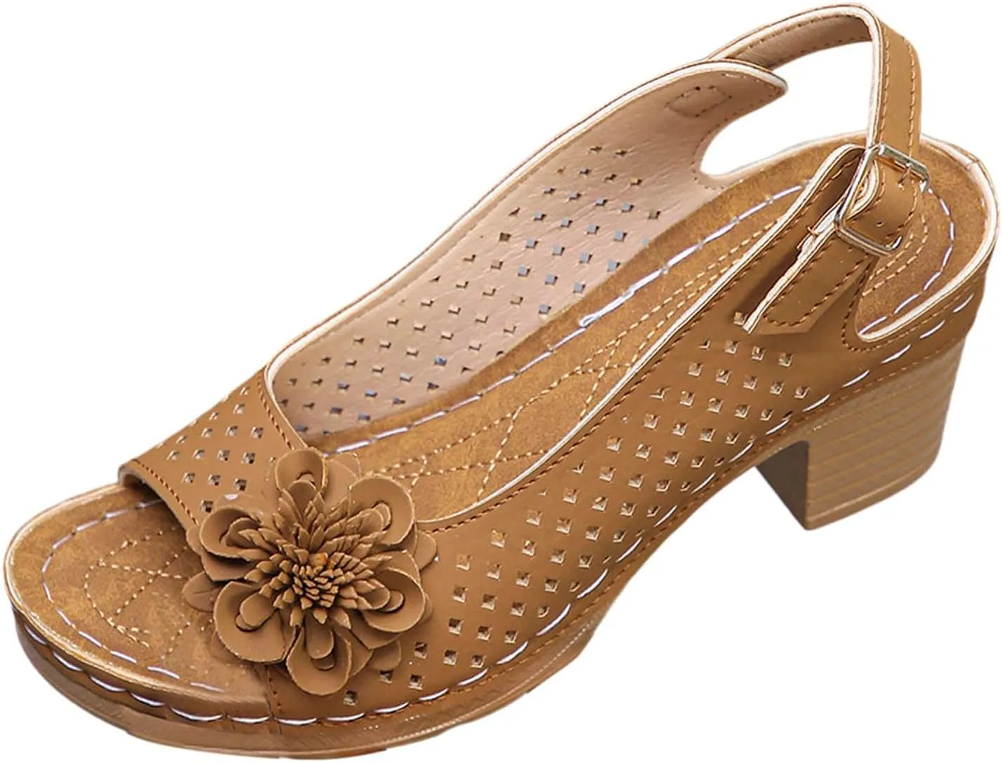 Orthopedic Sandals for Women Casual Non Slip Beach Sandals with Arch Support Dressy Open Toe Ankle Strap Chunky High Heels Sandal Elegant Hollow Out Floral Decor Shoes Fashion Footwear