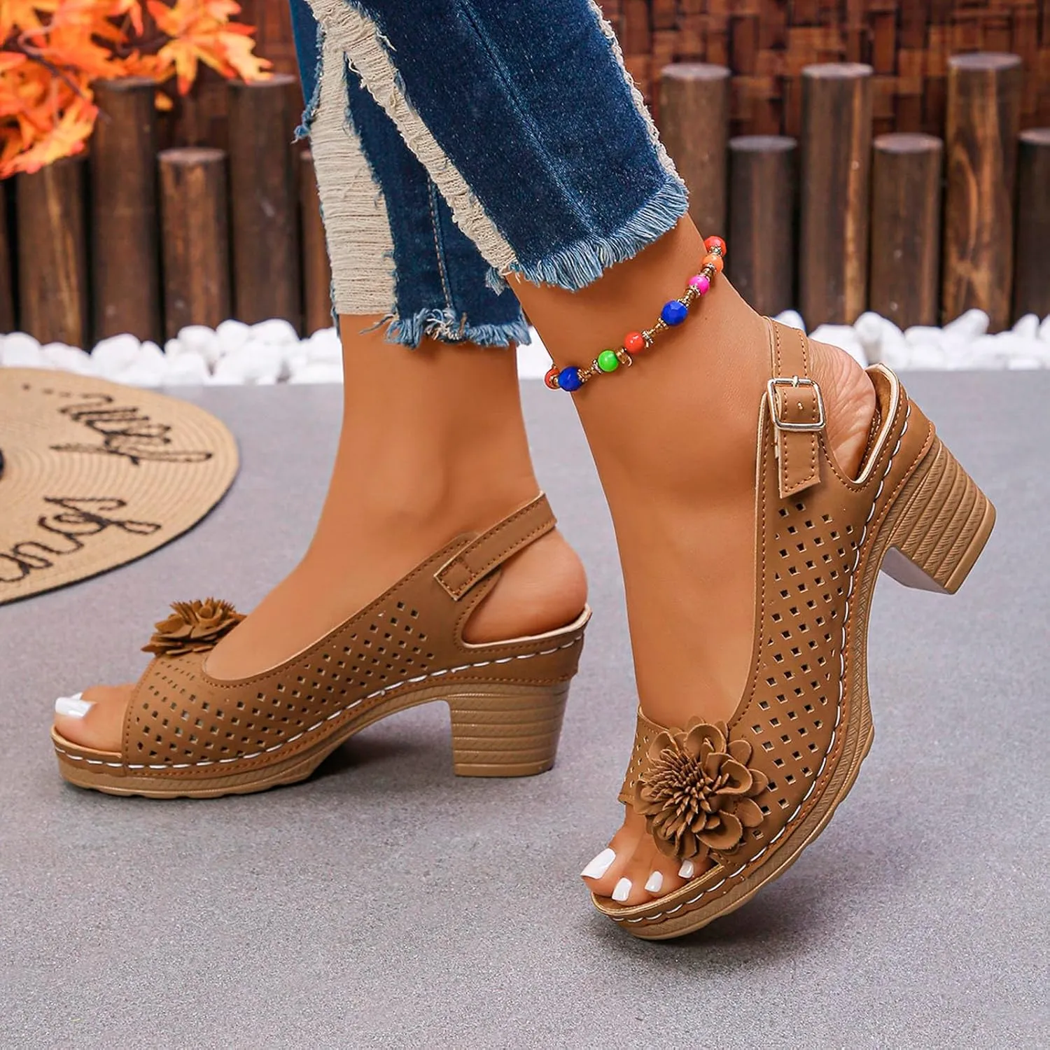 Orthopedic Sandals for Women Casual Non Slip Beach Sandals with Arch Support Dressy Open Toe Ankle Strap Chunky High Heels Sandal Elegant Hollow Out Floral Decor Shoes Fashion Footwear