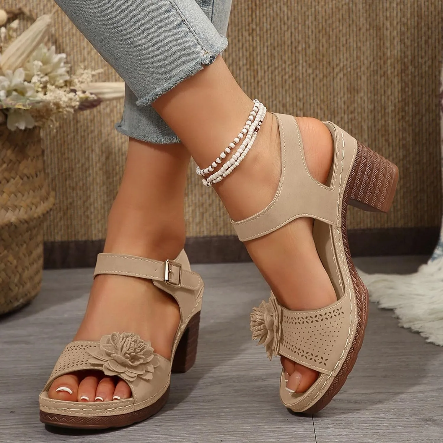 Orthopedic Wedge Sandals for Women Summer Dressy 2025,Flower Heels Beach Comfortable Arch Support Ankle Strap Platform Casual Hollow Out Open Toe Low Heel Breathable Shoes
