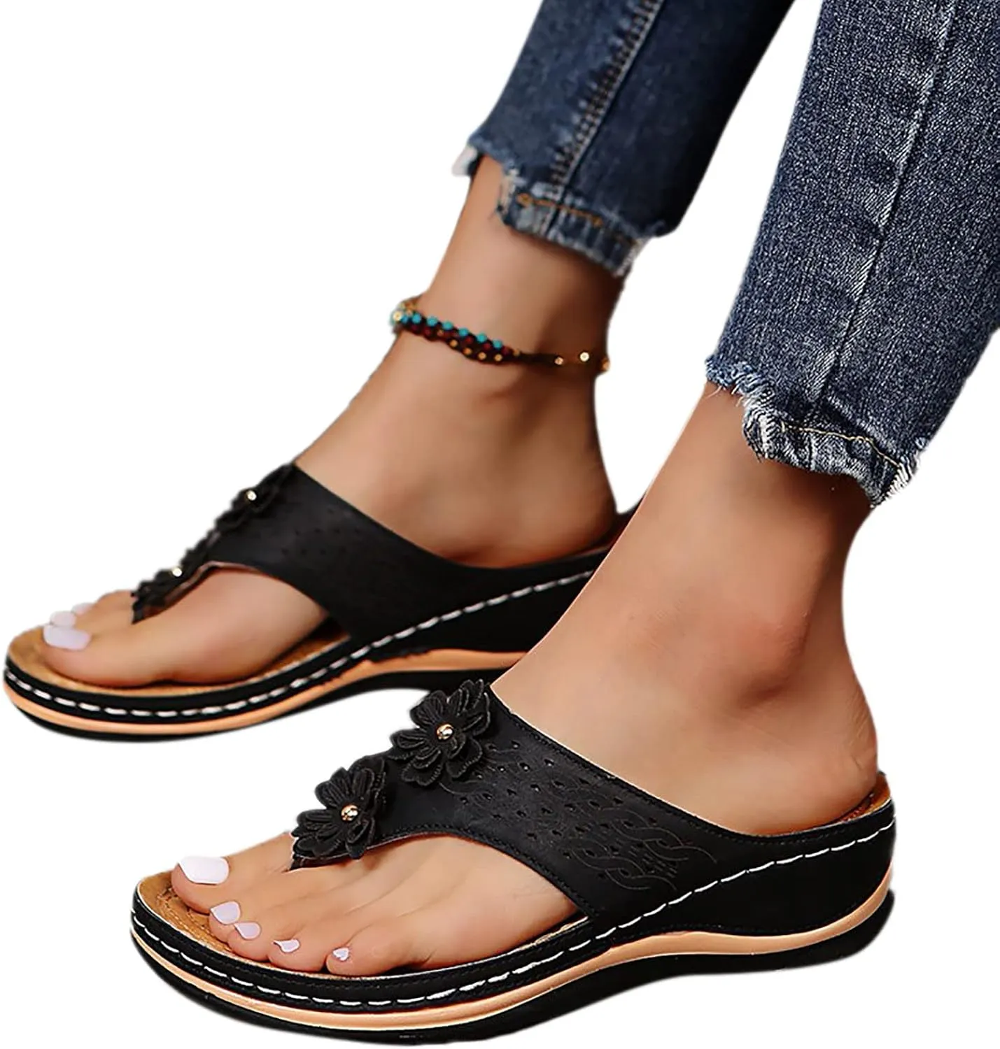 Orthotic Sandals for Women Extra Wide Flip Flops Beach Non Slip Wedge Sandal Dressy Wide Arch Support Shoes for Womens Wedge Shoes Slip On Dressy Wedge Orthopedic Shoe for Woman