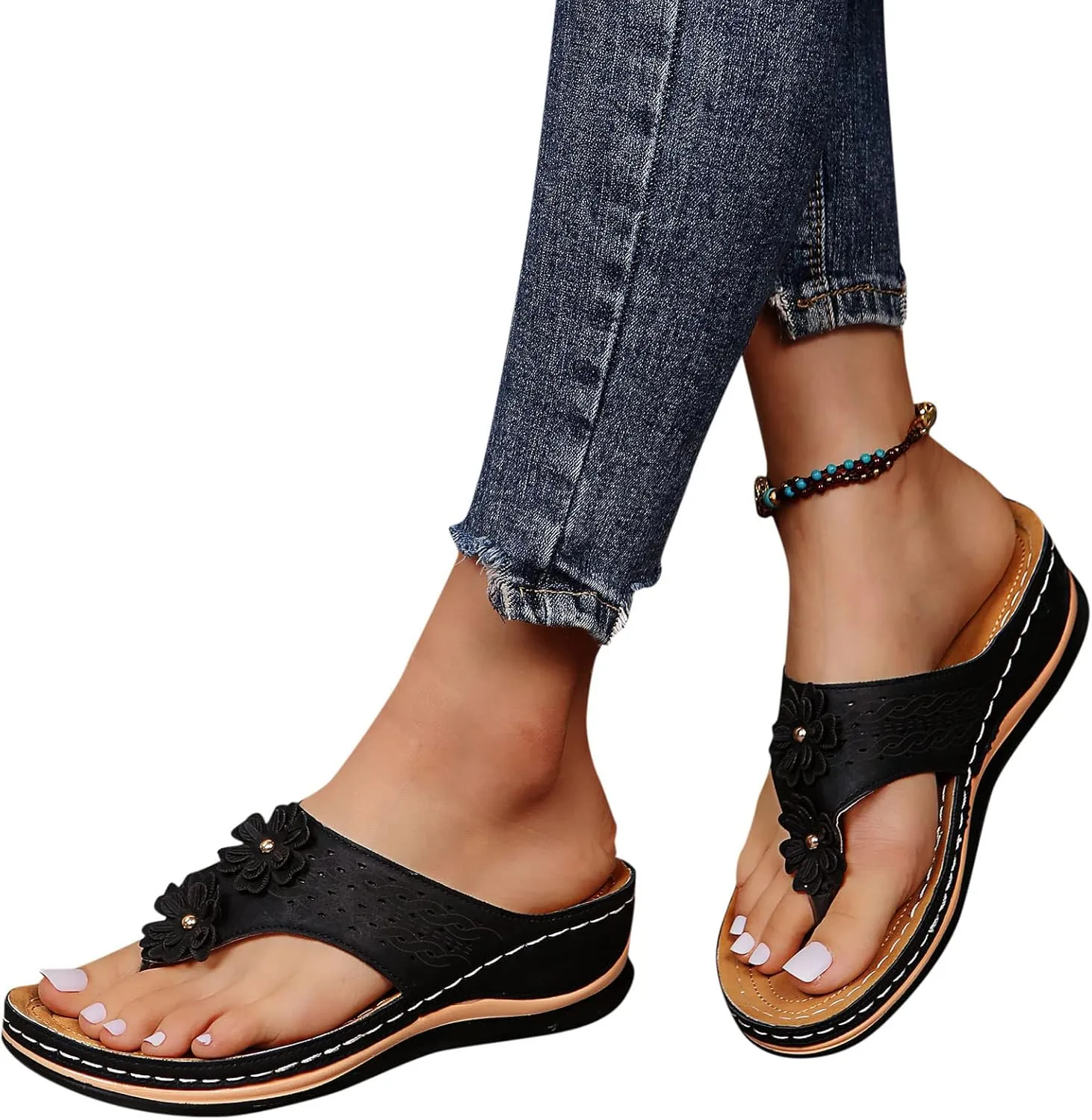 Orthotic Sandals for Women Extra Wide Flip Flops Beach Non Slip Wedge Sandal Dressy Wide Arch Support Shoes for Womens Wedge Shoes Slip On Dressy Wedge Orthopedic Shoe for Woman