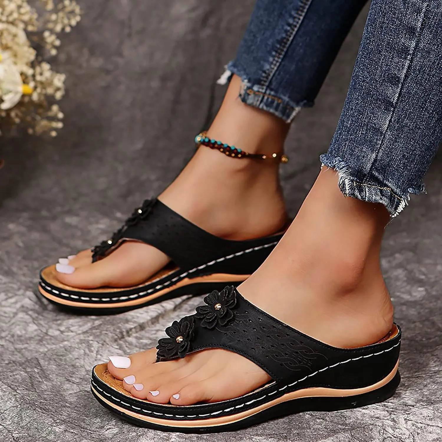 Orthotic Sandals for Women Extra Wide Flip Flops Beach Non Slip Wedge Sandal Dressy Wide Arch Support Shoes for Womens Wedge Shoes Slip On Dressy Wedge Orthopedic Shoe for Woman