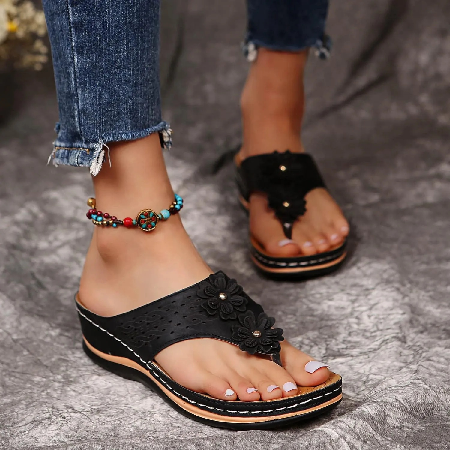 Orthotic Sandals for Women Extra Wide Flip Flops Beach Non Slip Wedge Sandal Dressy Wide Arch Support Shoes for Womens Wedge Shoes Slip On Dressy Wedge Orthopedic Shoe for Woman