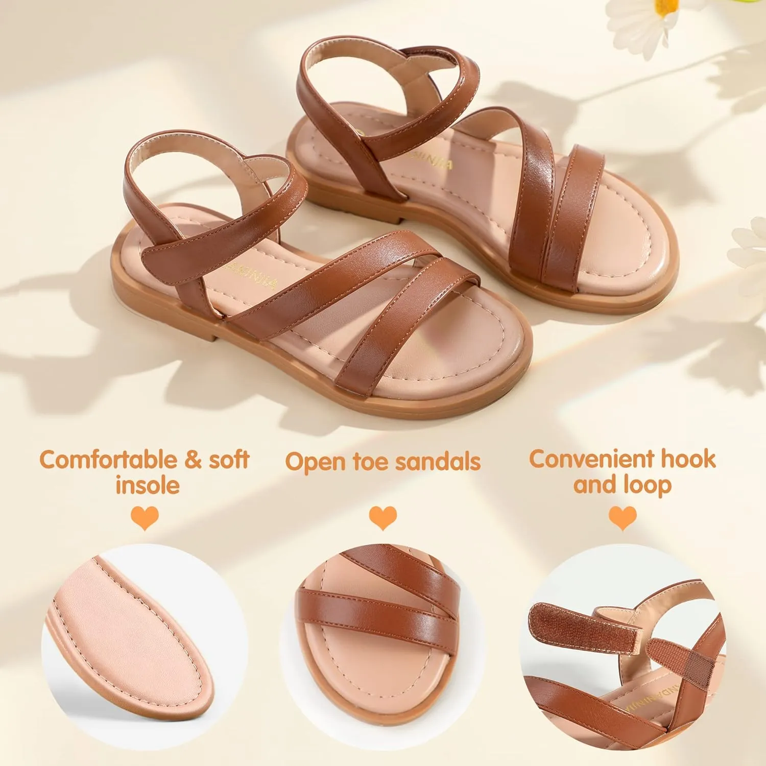 PANDANINJIA Girls Sandals Monica Summer Open Toe Flats Shoes Dress Sandals for Toddler Little Kid Big Kid
