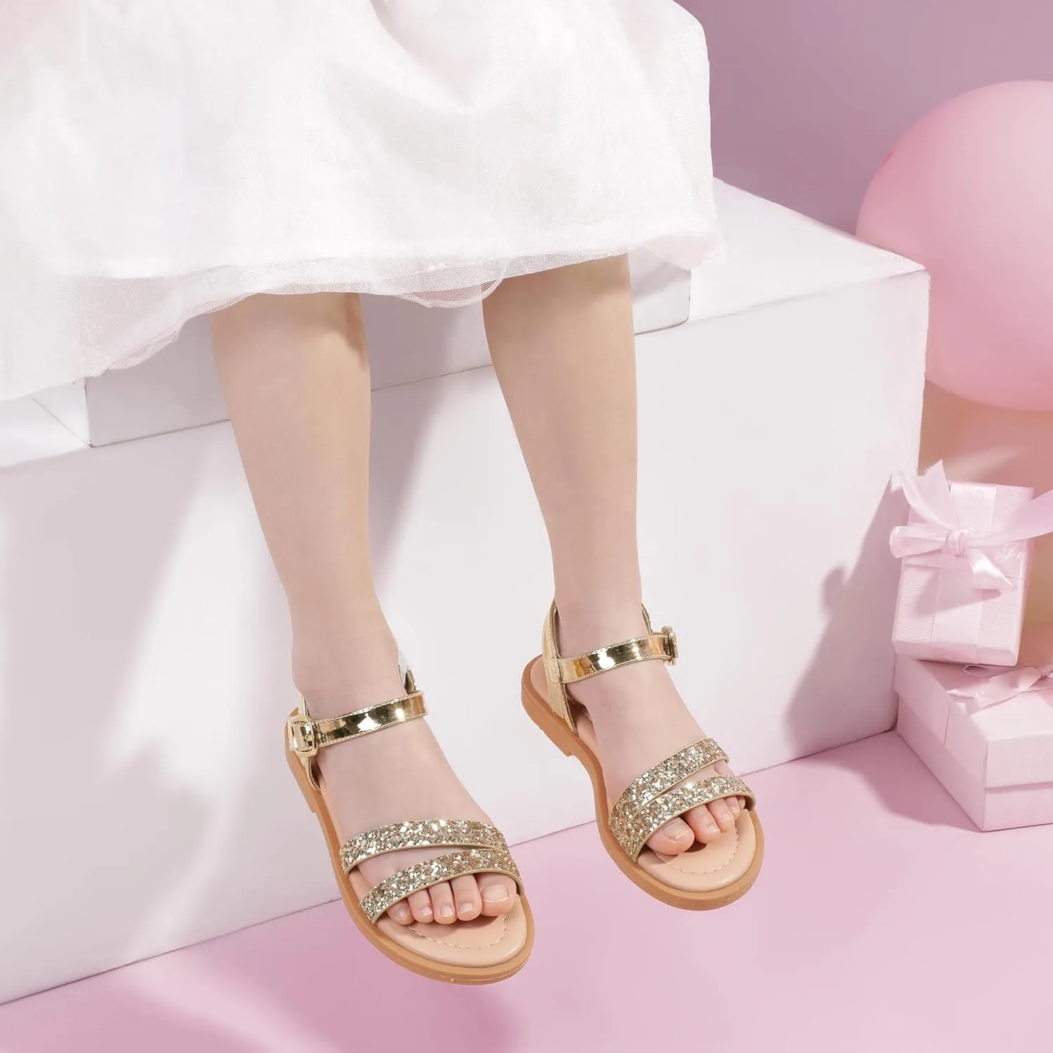 PANDANINJIA Girls Sandals Toddler Little Big Kids Kid Cute Open Toe Flats Dress Sandals Mona Summer Shoes