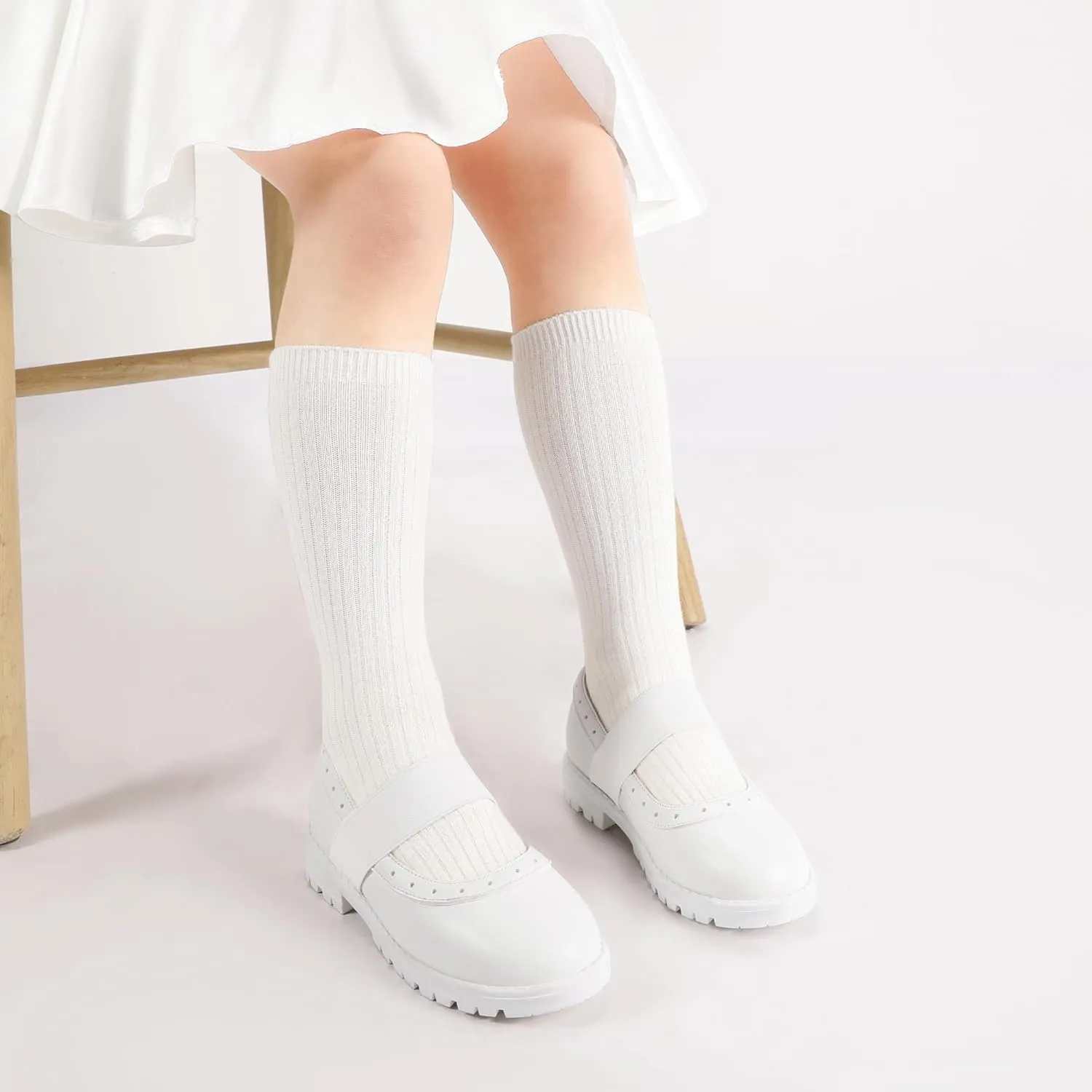 PANDANINJIA Toddler Girls Mary Jane School Shoes Kids Elastic Strap Platform Flats Dress Shoes