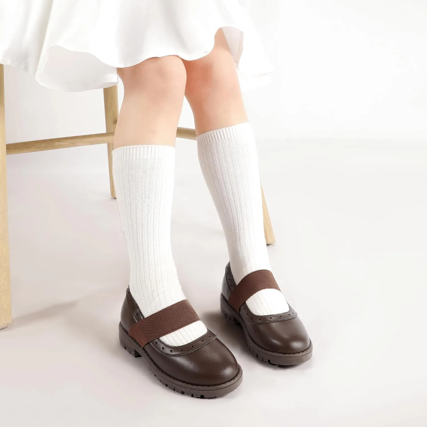 PANDANINJIA Toddler Girls Mary Jane School Shoes Kids Elastic Strap Platform Flats Dress Shoes