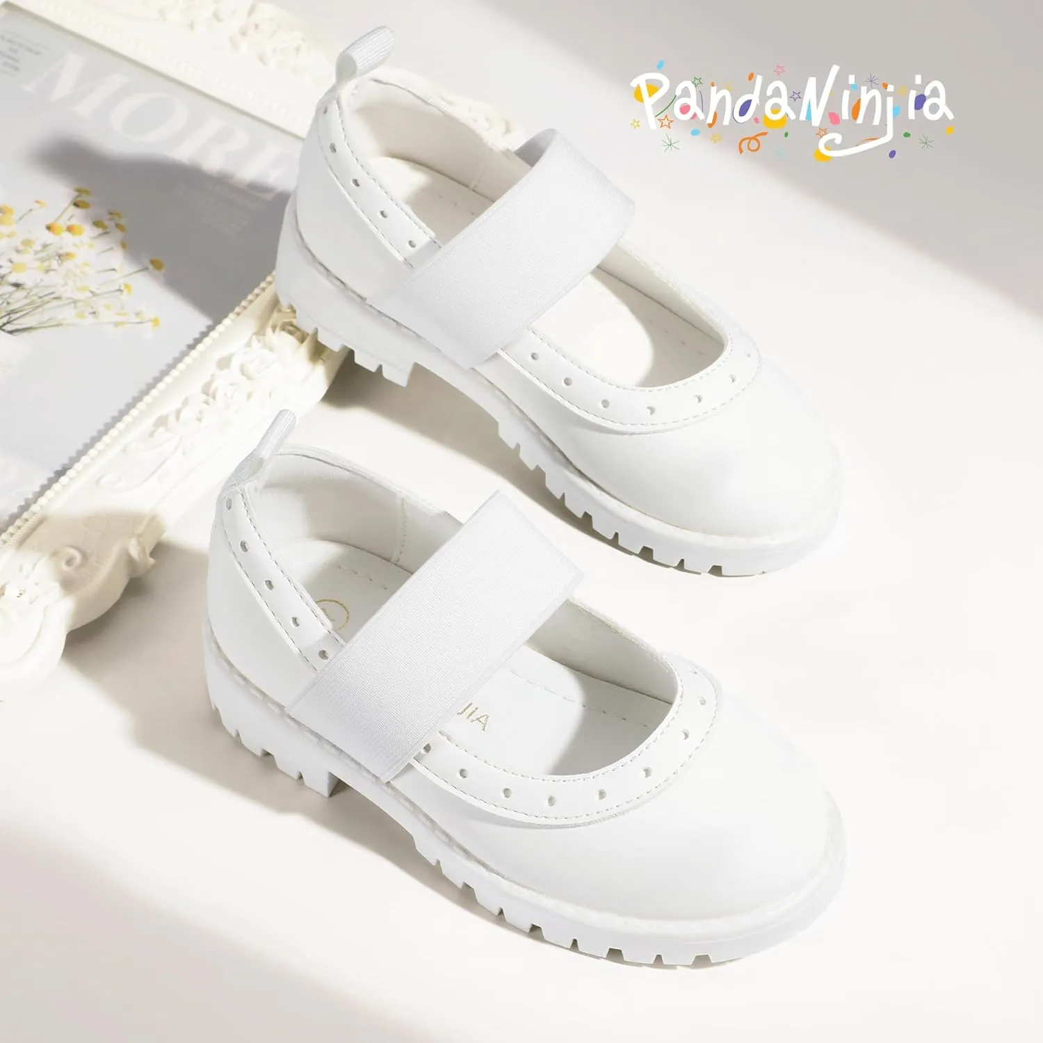 PANDANINJIA Toddler Girls Mary Jane School Shoes Kids Elastic Strap Platform Flats Dress Shoes
