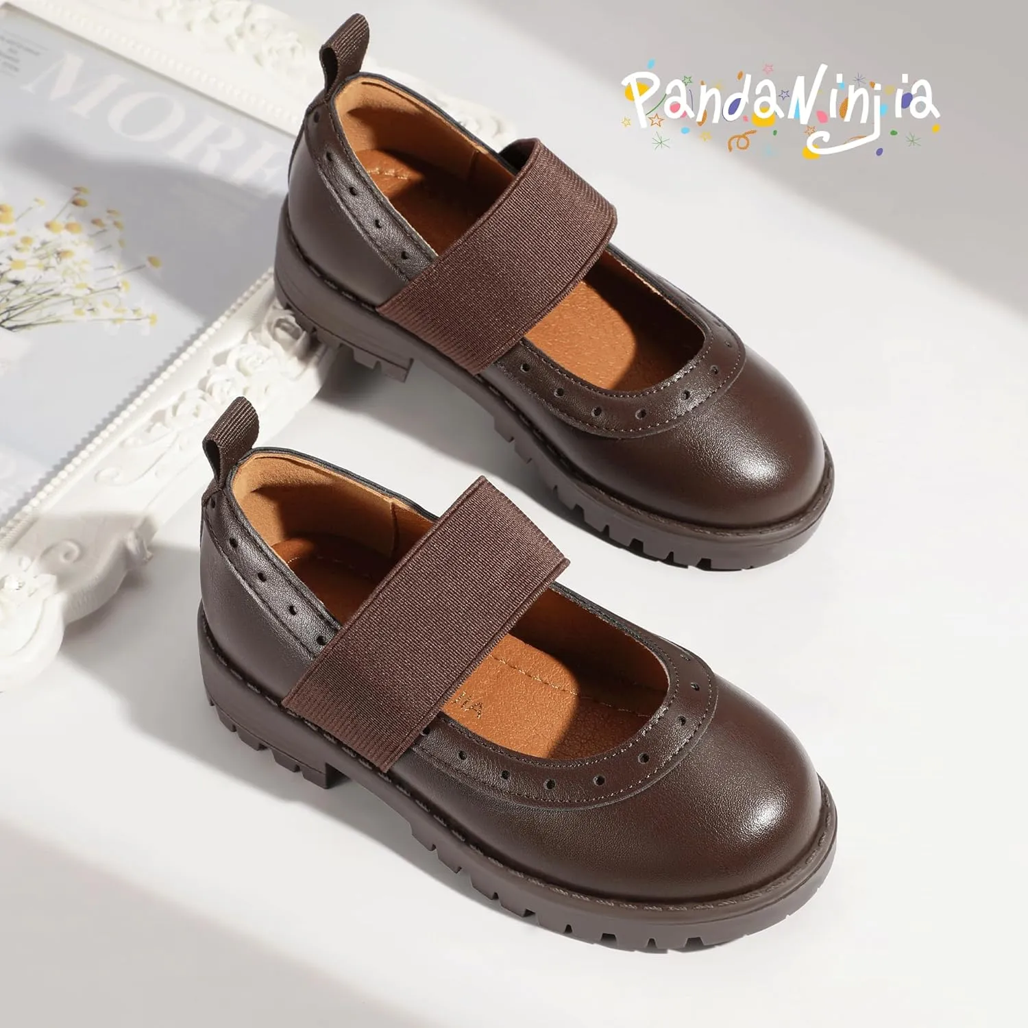 PANDANINJIA Toddler Girls Mary Jane School Shoes Kids Elastic Strap Platform Flats Dress Shoes