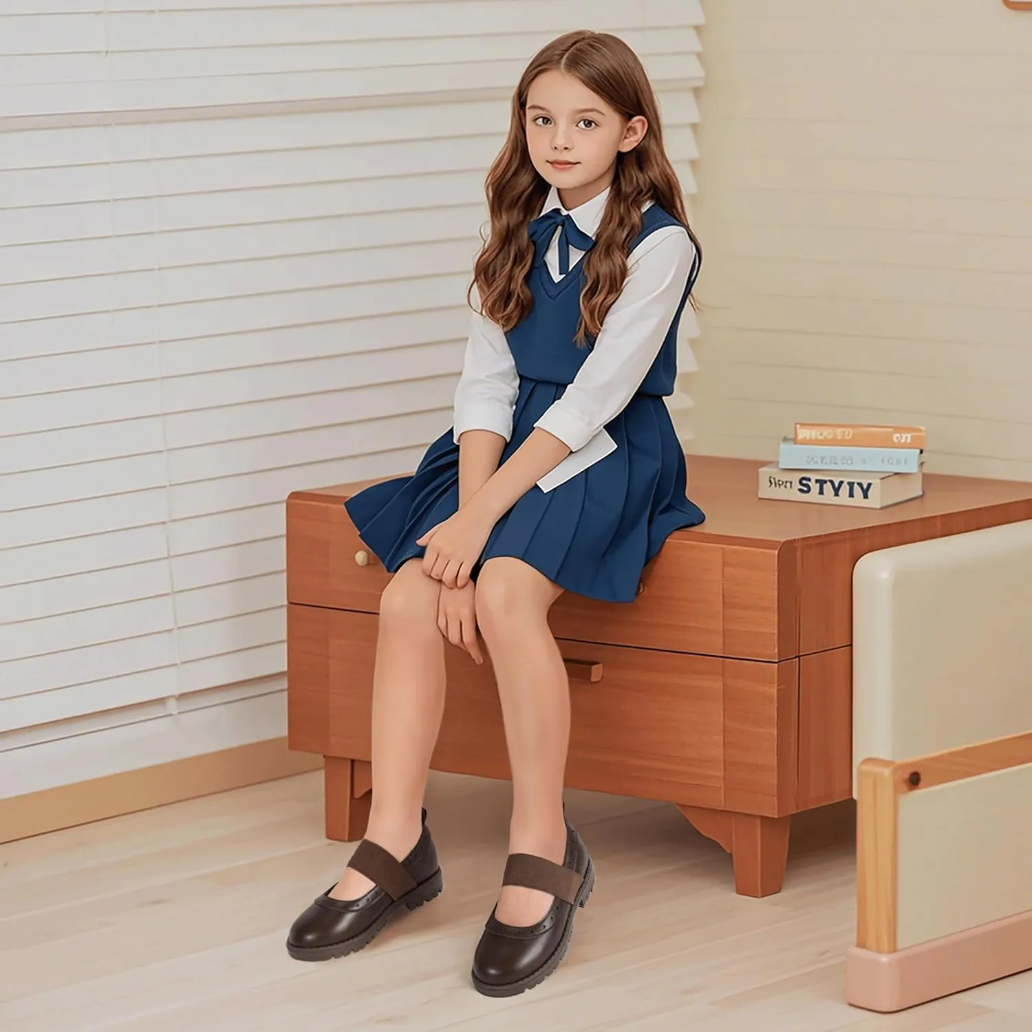 PANDANINJIA Toddler Girls Mary Jane School Shoes Kids Elastic Strap Platform Flats Dress Shoes