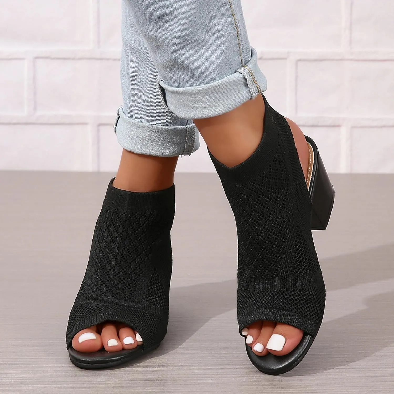 Peep Toe Booties for Women Open Toe Heeled Sandals Knit Cutout Chunky Block Heel Breathable Fashion Shoes US5-11