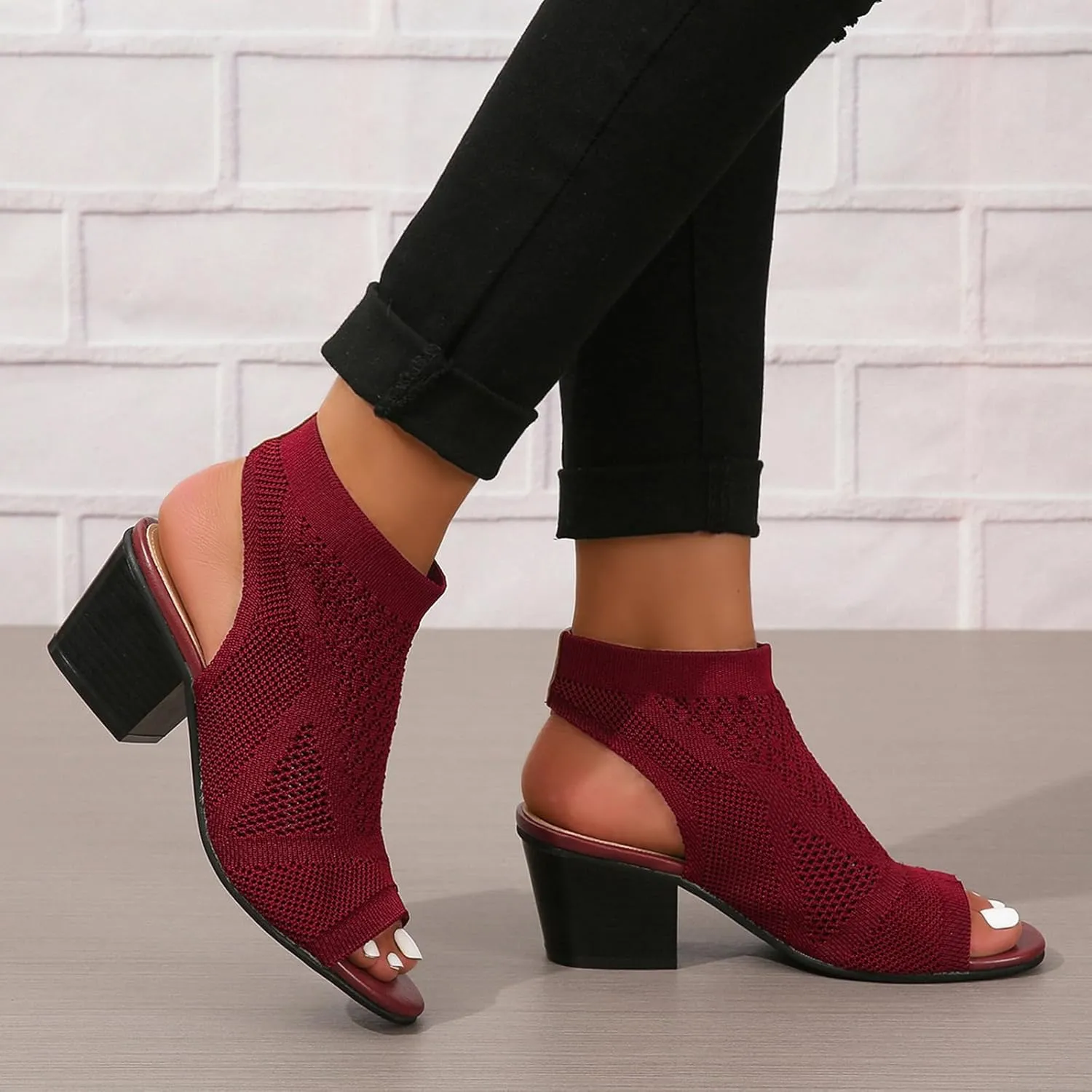 Peep Toe Booties for Women Open Toe Heeled Sandals Knit Cutout Chunky Block Heel Breathable Fashion Shoes US5-11