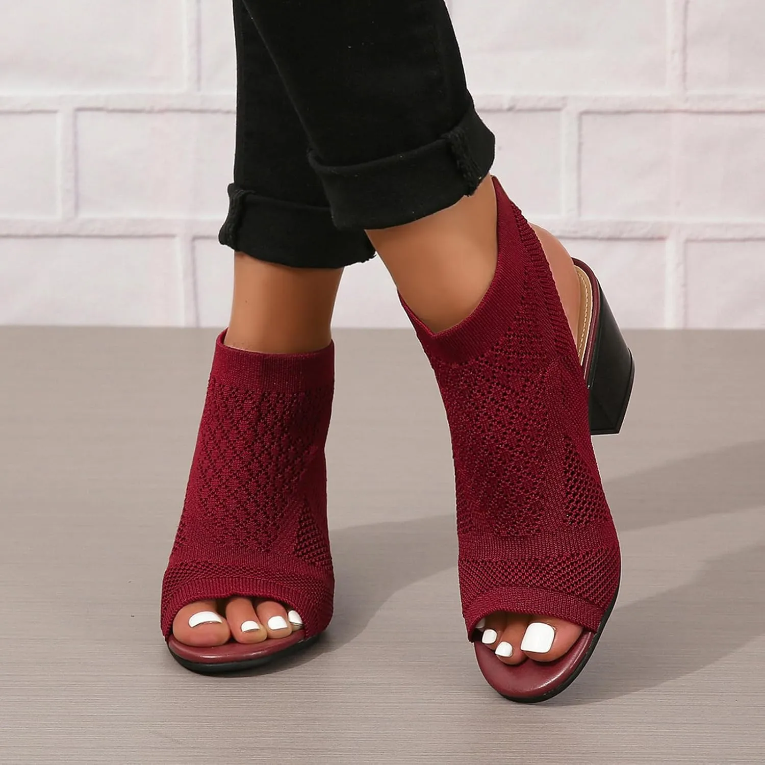 Peep Toe Booties for Women Open Toe Heeled Sandals Knit Cutout Chunky Block Heel Breathable Fashion Shoes US5-11