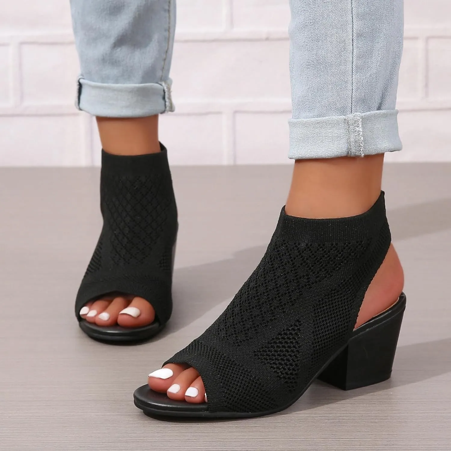 Peep Toe Booties for Women Open Toe Heeled Sandals Knit Cutout Chunky Block Heel Breathable Fashion Shoes US5-11