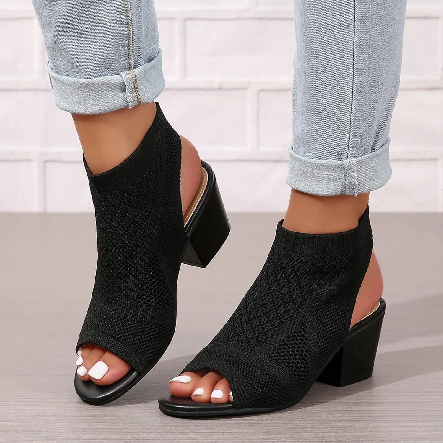 Peep Toe Booties for Women Open Toe Heeled Sandals Knit Cutout Chunky Block Heel Breathable Fashion Shoes US5-11