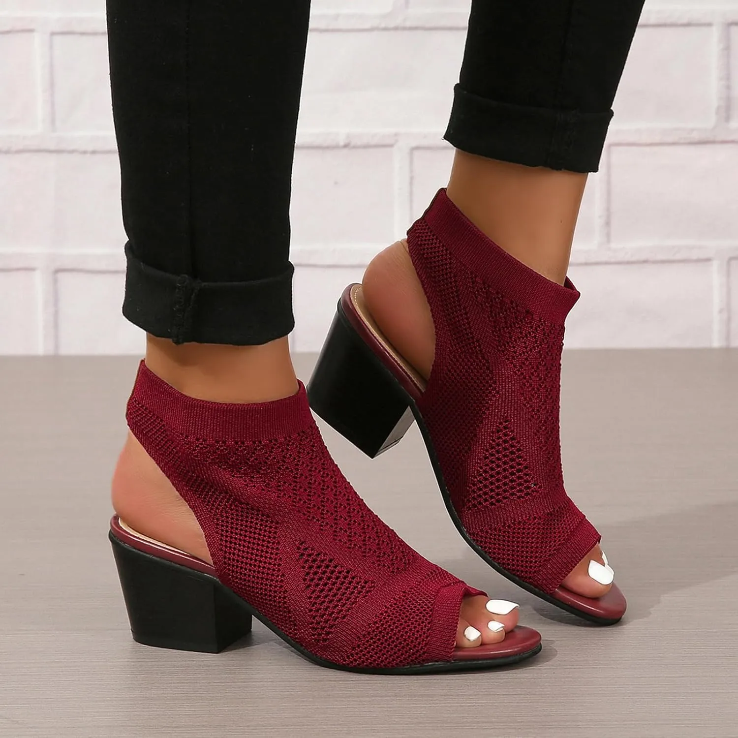 Peep Toe Booties for Women Open Toe Heeled Sandals Knit Cutout Chunky Block Heel Breathable Fashion Shoes US5-11