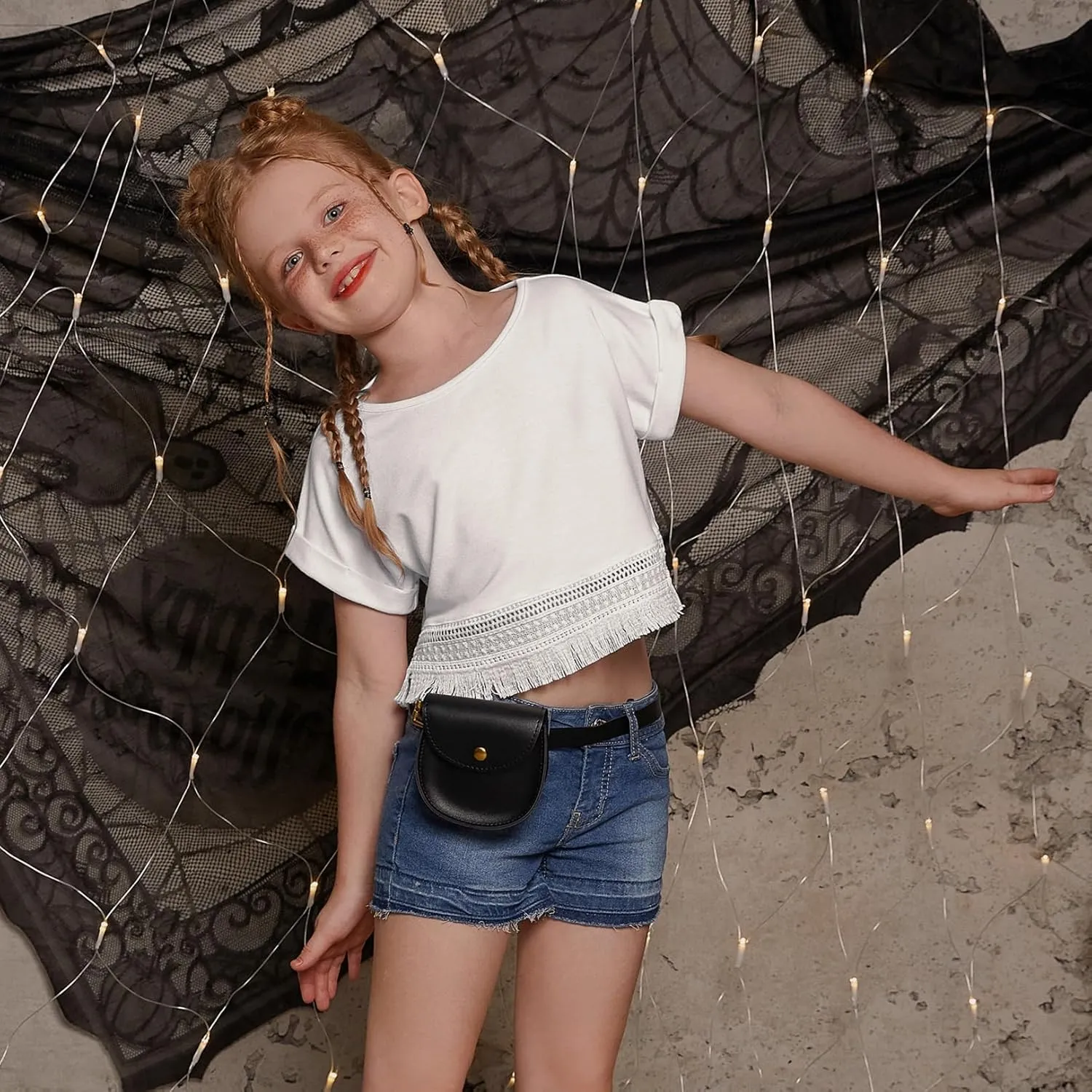 Perfashion Girl's Fringe Hem Short Sleeve Crop Tops Round Neck T Shirt Solid Tee for 4-13 Years