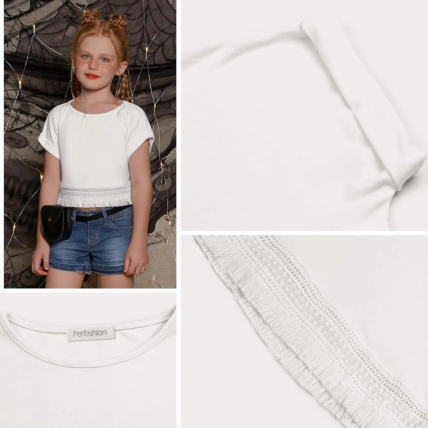Perfashion Girl's Fringe Hem Short Sleeve Crop Tops Round Neck T Shirt Solid Tee for 4-13 Years
