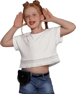 Perfashion Girl's Fringe Hem Short Sleeve Crop Tops Round Neck T Shirt Solid Tee for 4-13 Years
