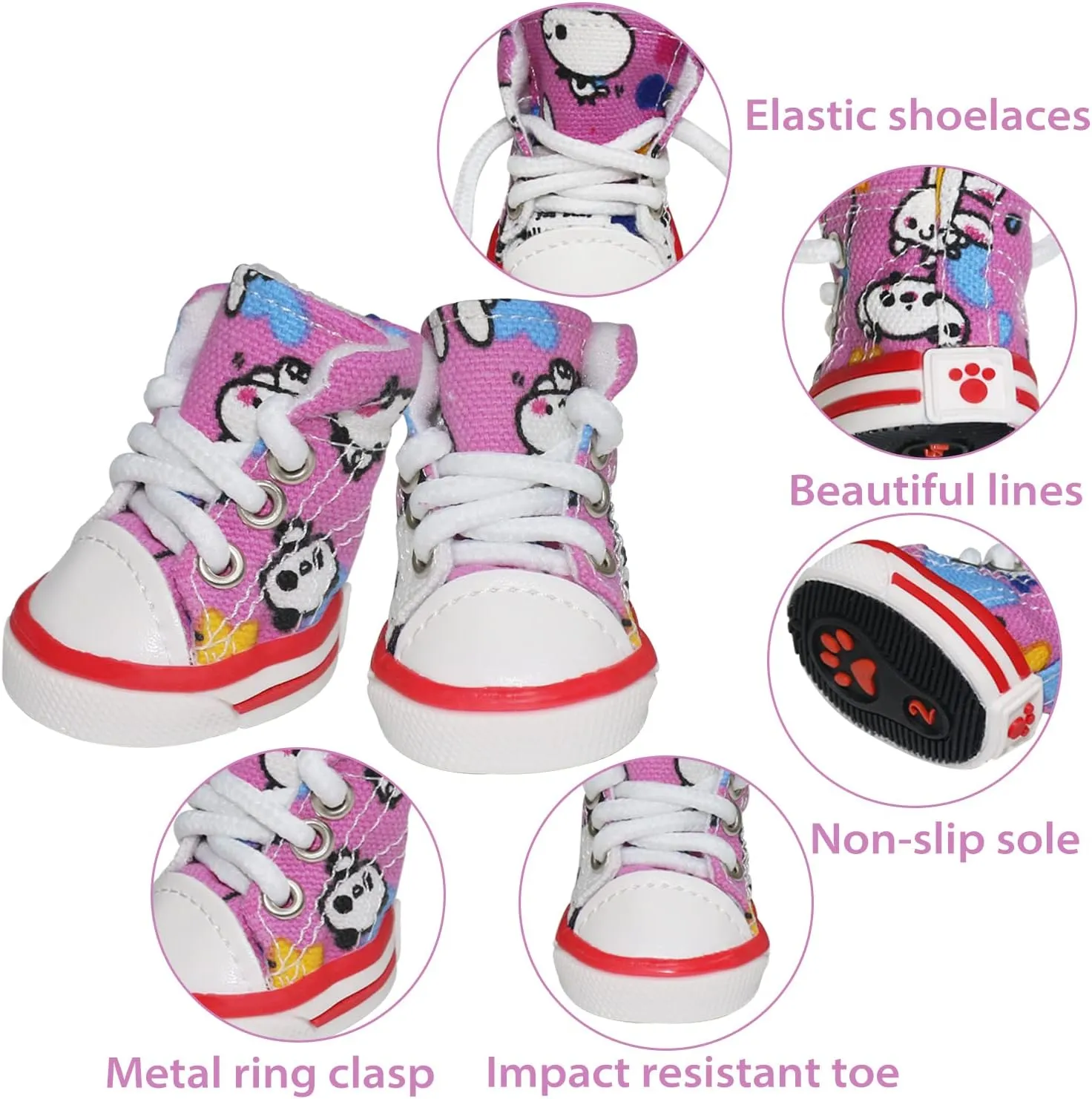Pet Dog Shoes, BESUNTEK 4Pcs Puppy Canvas Sport Sneaker Boots for Outdoor Walking and Sports, Non-Slip Paw Protective Cover with Graffiti Design for Hot Pavement and Casual (Pink, #1)