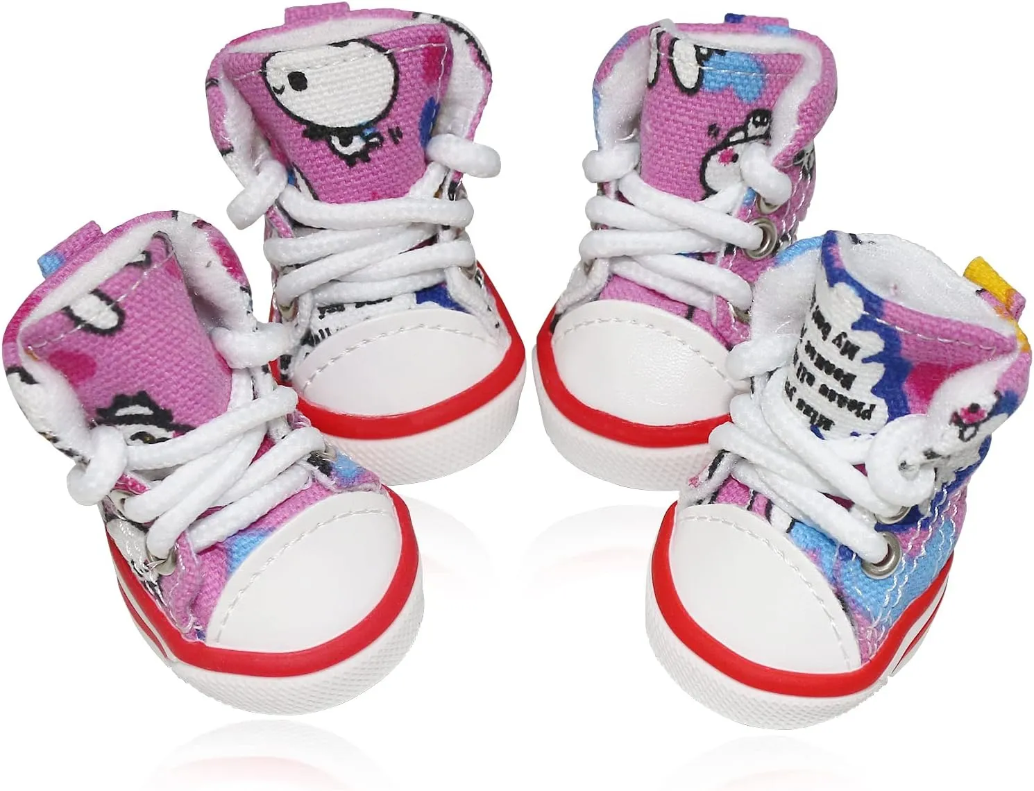Pet Dog Shoes, BESUNTEK 4Pcs Puppy Canvas Sport Sneaker Boots for Outdoor Walking and Sports, Non-Slip Paw Protective Cover with Graffiti Design for Hot Pavement and Casual (Pink, #1)