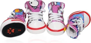 Pet Dog Shoes, BESUNTEK 4Pcs Puppy Canvas Sport Sneaker Boots for Outdoor Walking and Sports, Non-Slip Paw Protective Cover with Graffiti Design for Hot Pavement and Casual (Pink, #1)