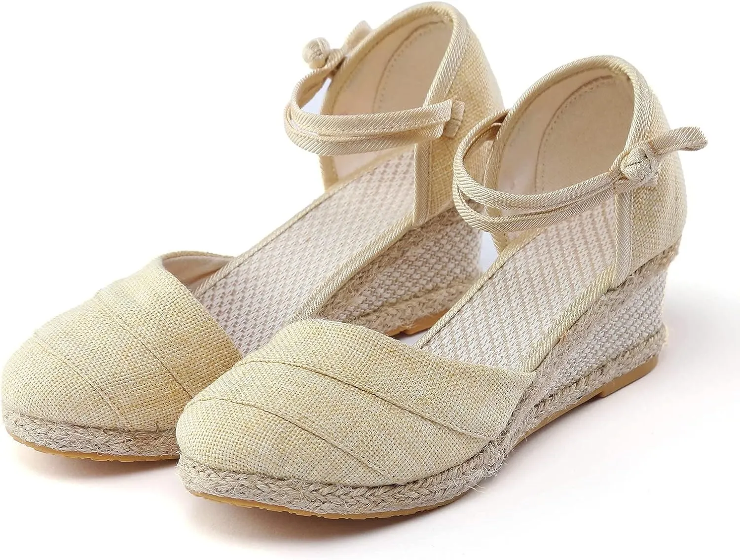 Platform Closed Toe Sandals for Women 2025 Dressy Summer, Women's Elastic Ankle Strap Espadrille Wedge Sandals Platform Lace Up Casual Shoes（Beige