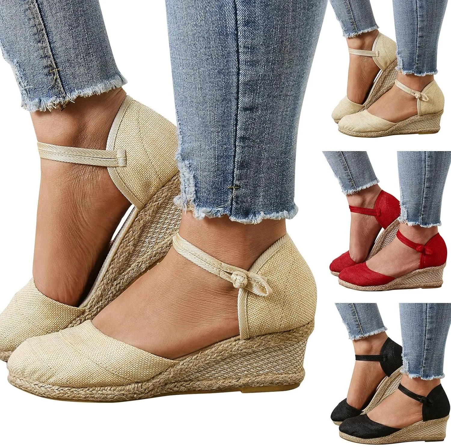 Platform Closed Toe Sandals for Women 2025 Dressy Summer, Women's Elastic Ankle Strap Espadrille Wedge Sandals Platform Lace Up Casual Shoes（Beige