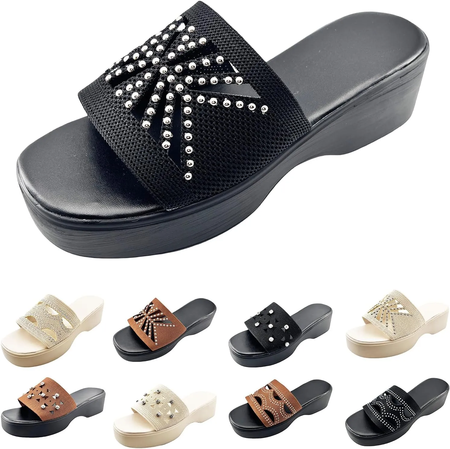 Platform Sandals for Women 2025 Hollow Out Knit Rhinestones Jeweled Slippers, Open Toe One Band Platform Wedge Sandals Summer Beach Comfortable Soft Sole Walking Slipper