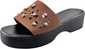 Platform Sandals for Women 2025 Hollow Out Knit Rhinestones Jeweled Slippers, Open Toe One Band Platform Wedge Sandals Summer Beach Comfortable Soft Sole Walking Slipper