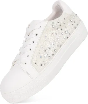 Platform Sneakers for Women Shiny Women’s Fashion Sneakers Low Top Lace Up Womens Walking Sneakers Glitter Sparkly Rhinestone Sneakers Casual Wedding Dressy Tennis Shoes