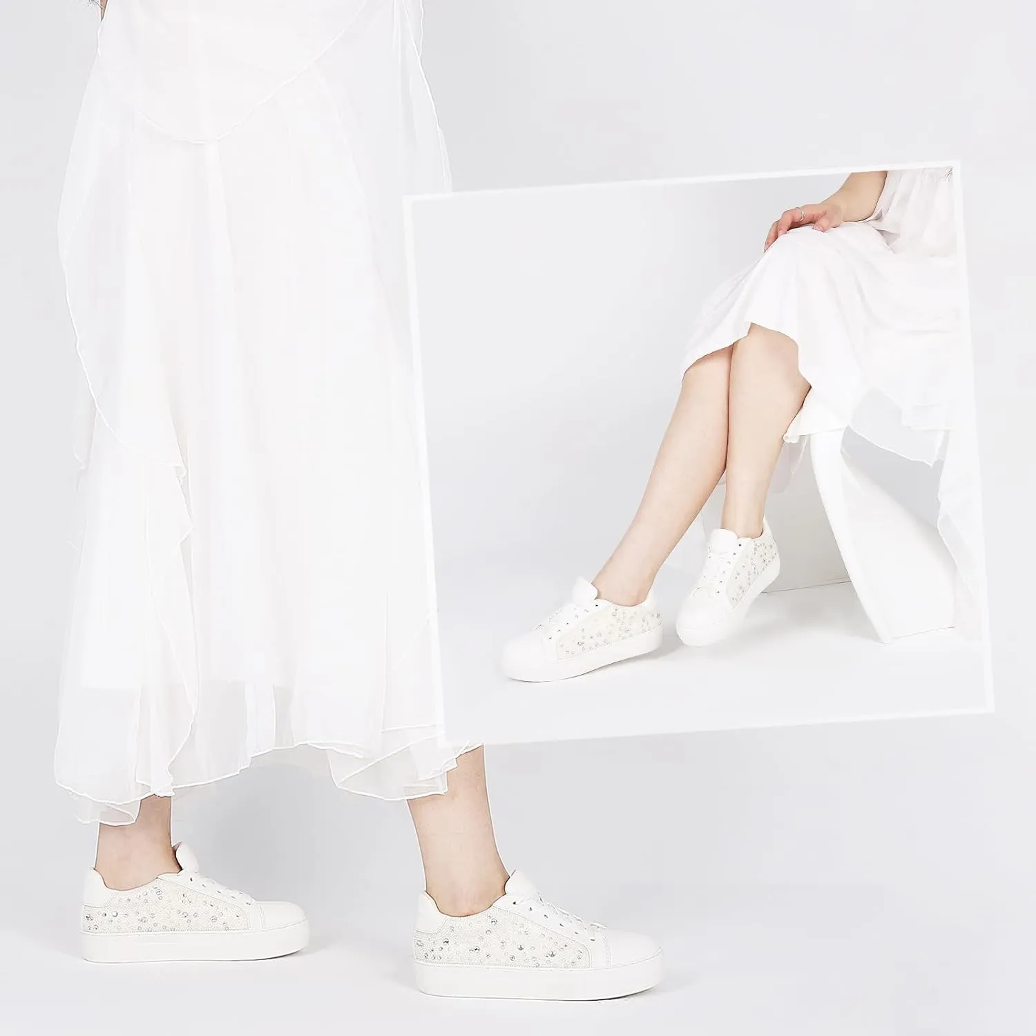 Platform Sneakers for Women Shiny Women’s Fashion Sneakers Low Top Lace Up Womens Walking Sneakers Glitter Sparkly Rhinestone Sneakers Casual Wedding Dressy Tennis Shoes
