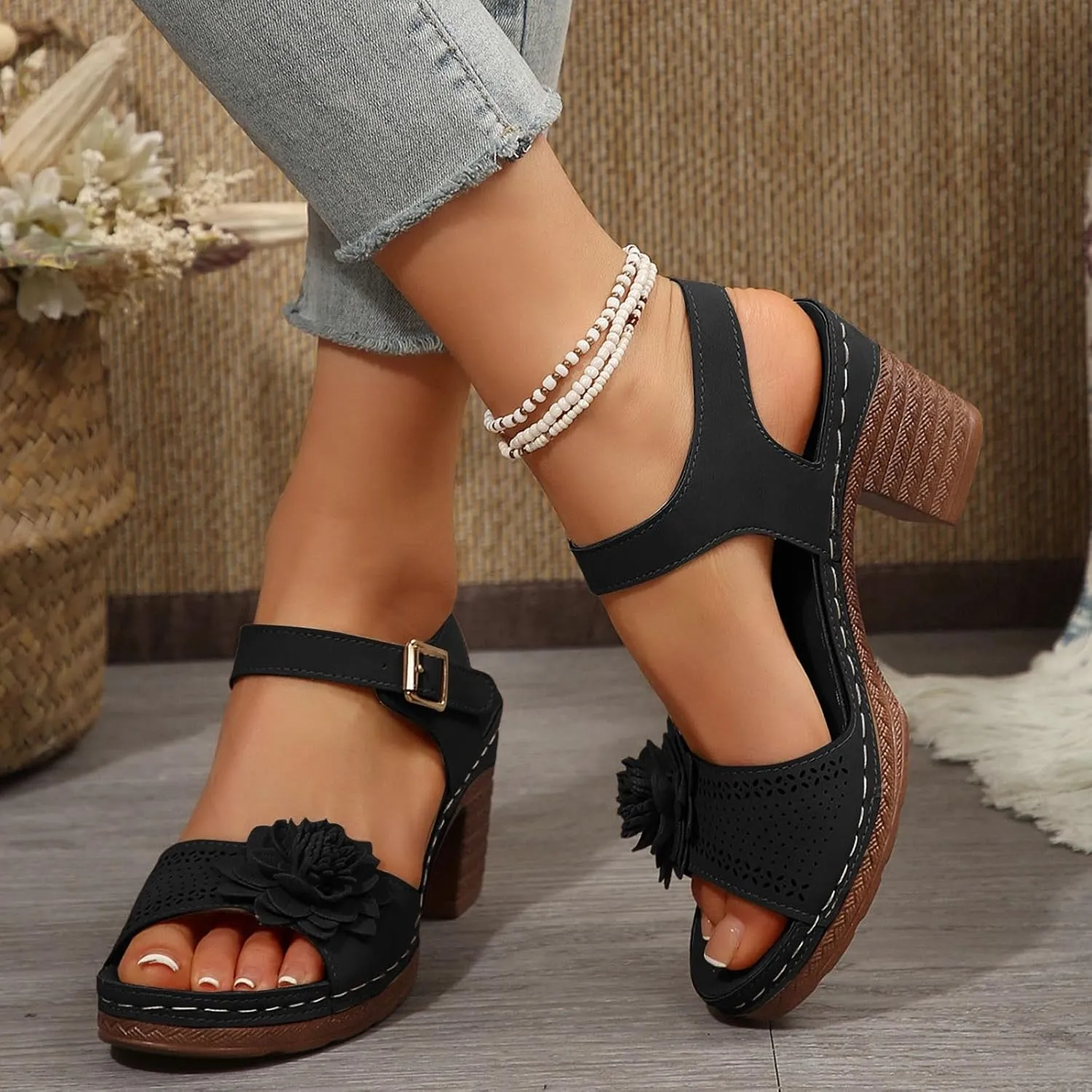 Platform Wedge Sandals for Women 2025 Dressy Summer Ankle Strap Wedges Casual Hollow Out Open Toe Low Heel Comfortable Sandal Work Sandals for Women Office Breathable Dress Shoes