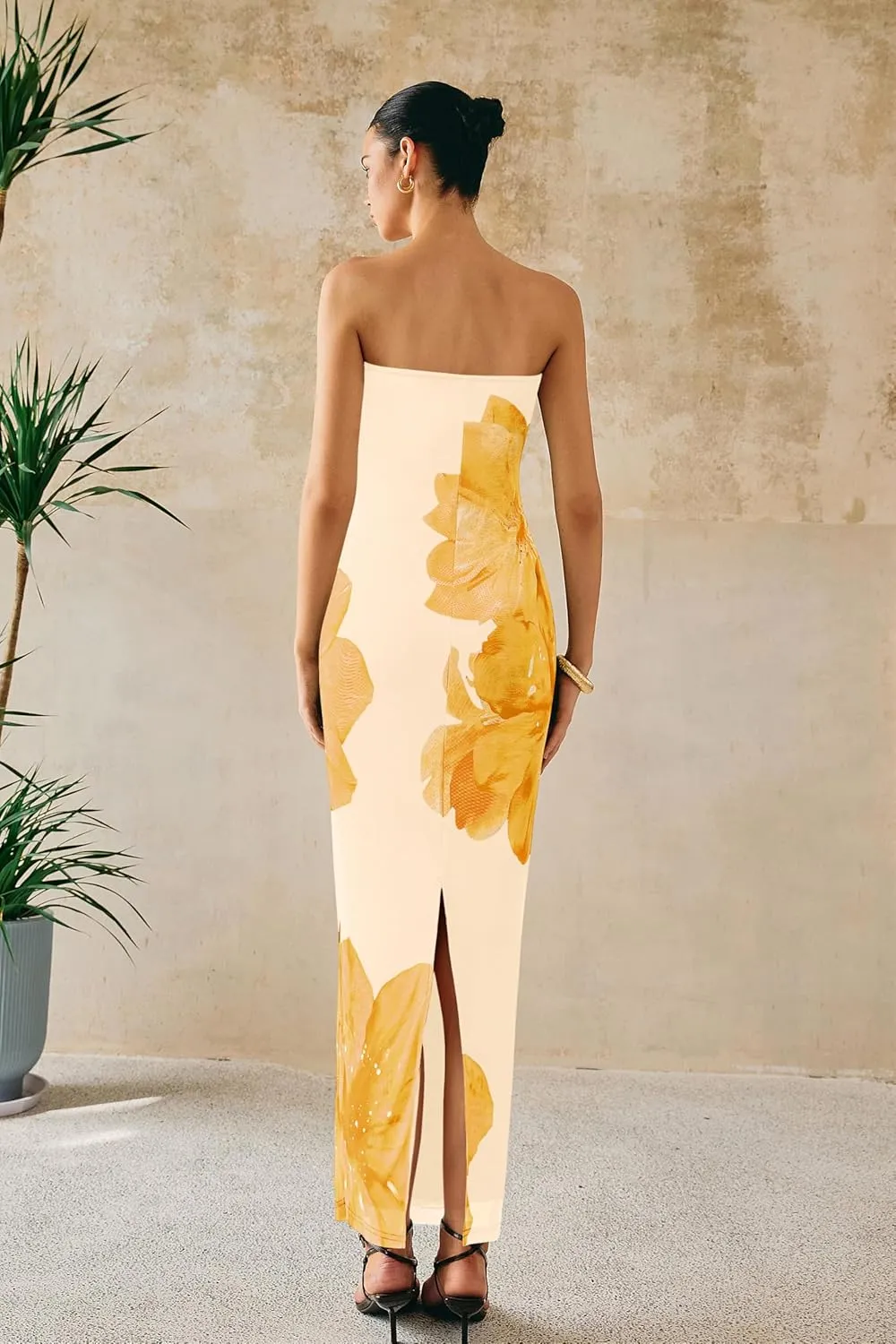 PRETTYGARDEN Women Summer Strapless Maxi Dress Bodycon Floral Sexy Long Wedding Guest Dress Formal Tube Mesh Cocktail Dresses
