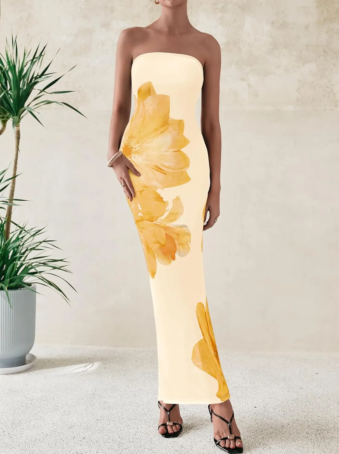 PRETTYGARDEN Women Summer Strapless Maxi Dress Bodycon Floral Sexy Long Wedding Guest Dress Formal Tube Mesh Cocktail Dresses