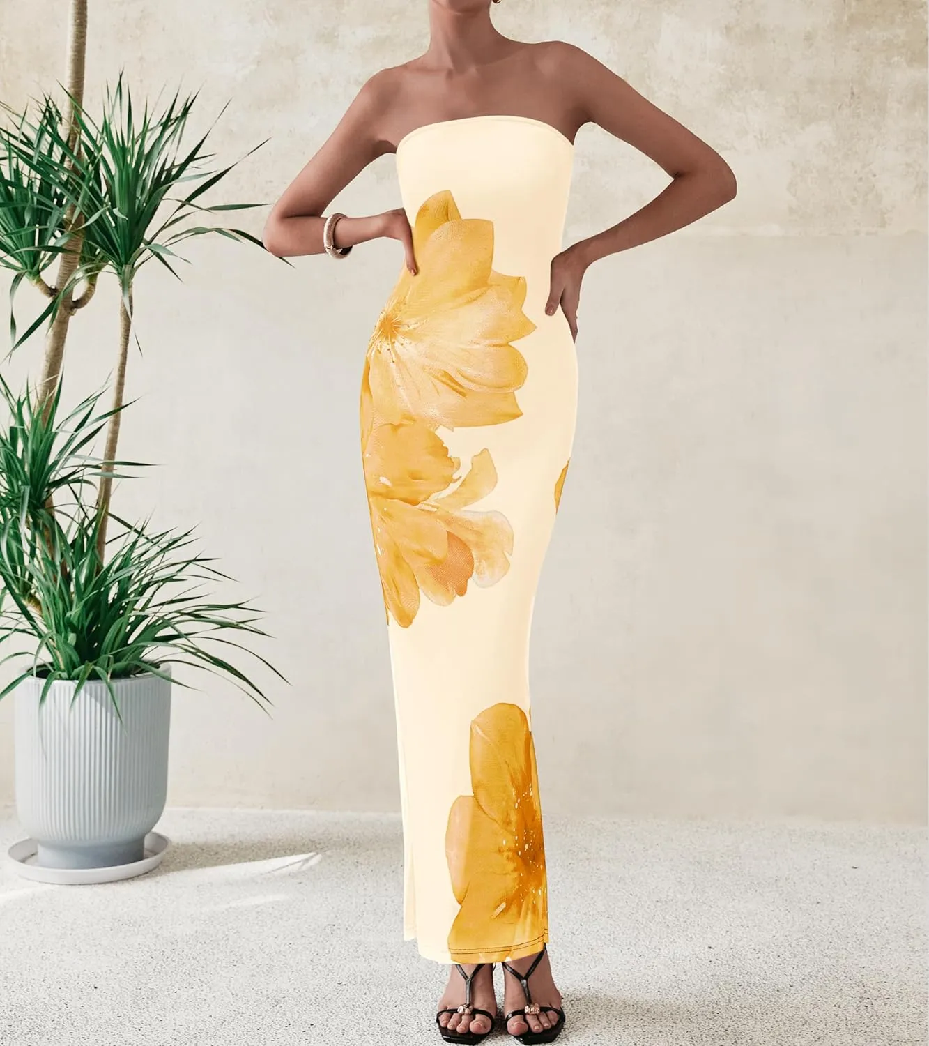 PRETTYGARDEN Women Summer Strapless Maxi Dress Bodycon Floral Sexy Long Wedding Guest Dress Formal Tube Mesh Cocktail Dresses