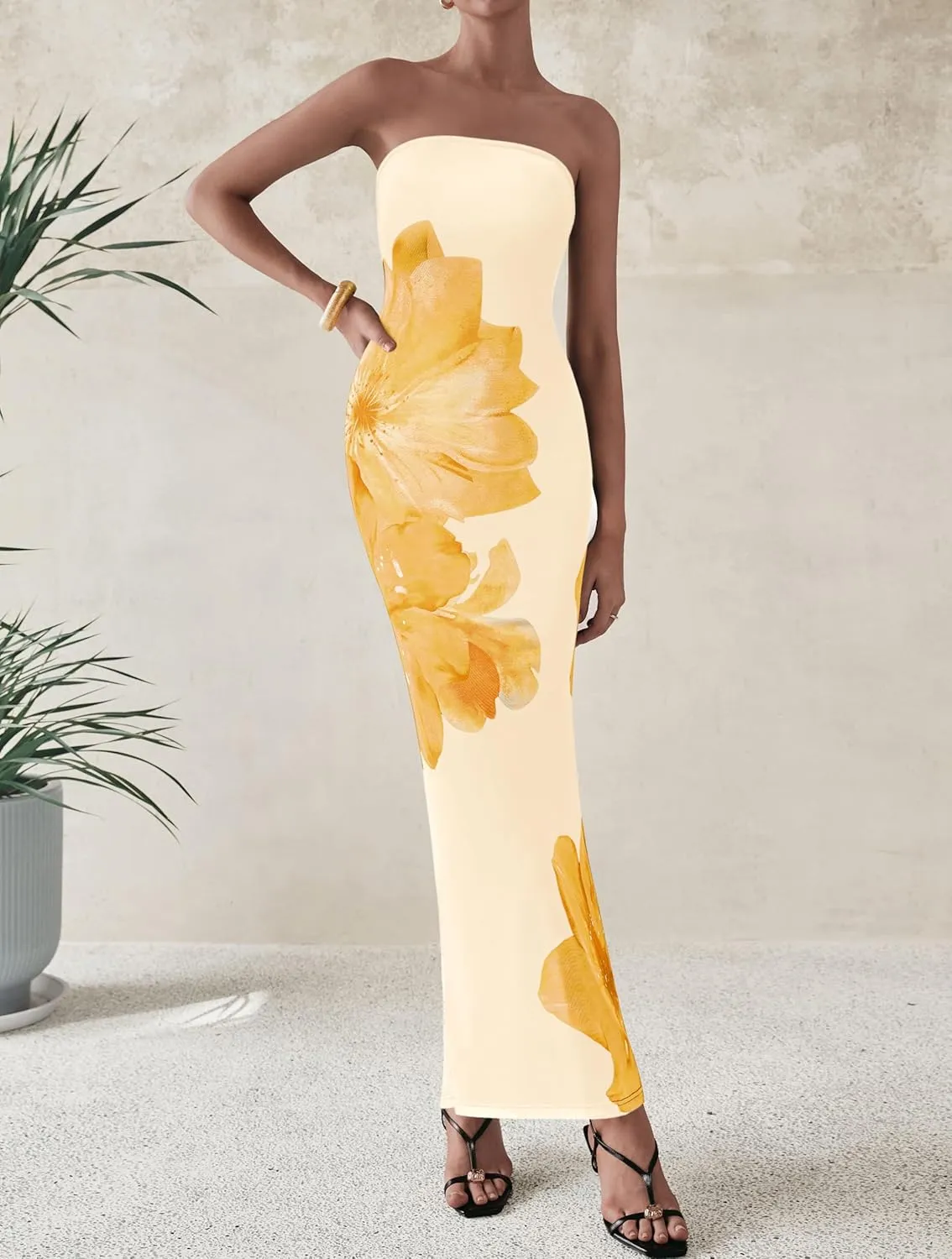 PRETTYGARDEN Women Summer Strapless Maxi Dress Bodycon Floral Sexy Long Wedding Guest Dress Formal Tube Mesh Cocktail Dresses