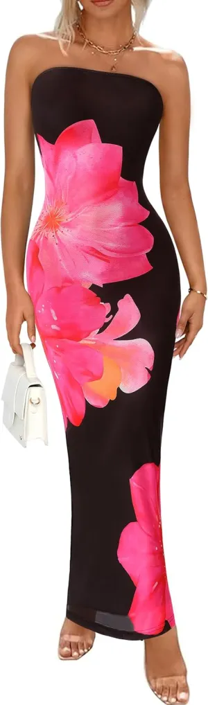 PRETTYGARDEN Women Summer Strapless Maxi Dress Bodycon Floral Sexy Long Wedding Guest Dress Formal Tube Mesh Cocktail Dresses