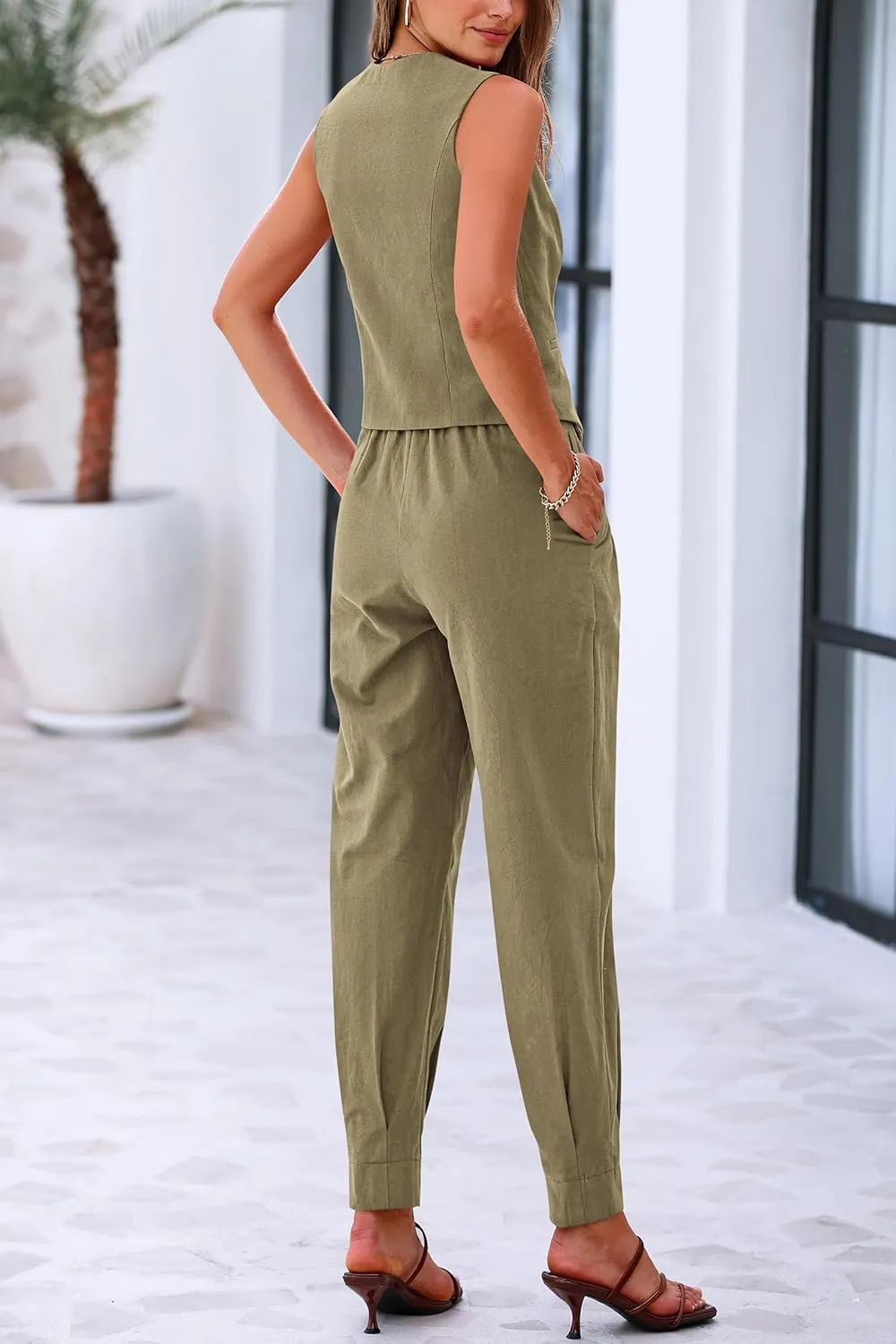 PRETTYGARDEN Women's Summer Two Piece Outfits V Neck Button Front Cropped Tank Tops Vest Pockets Pants Cotton Matching Sets