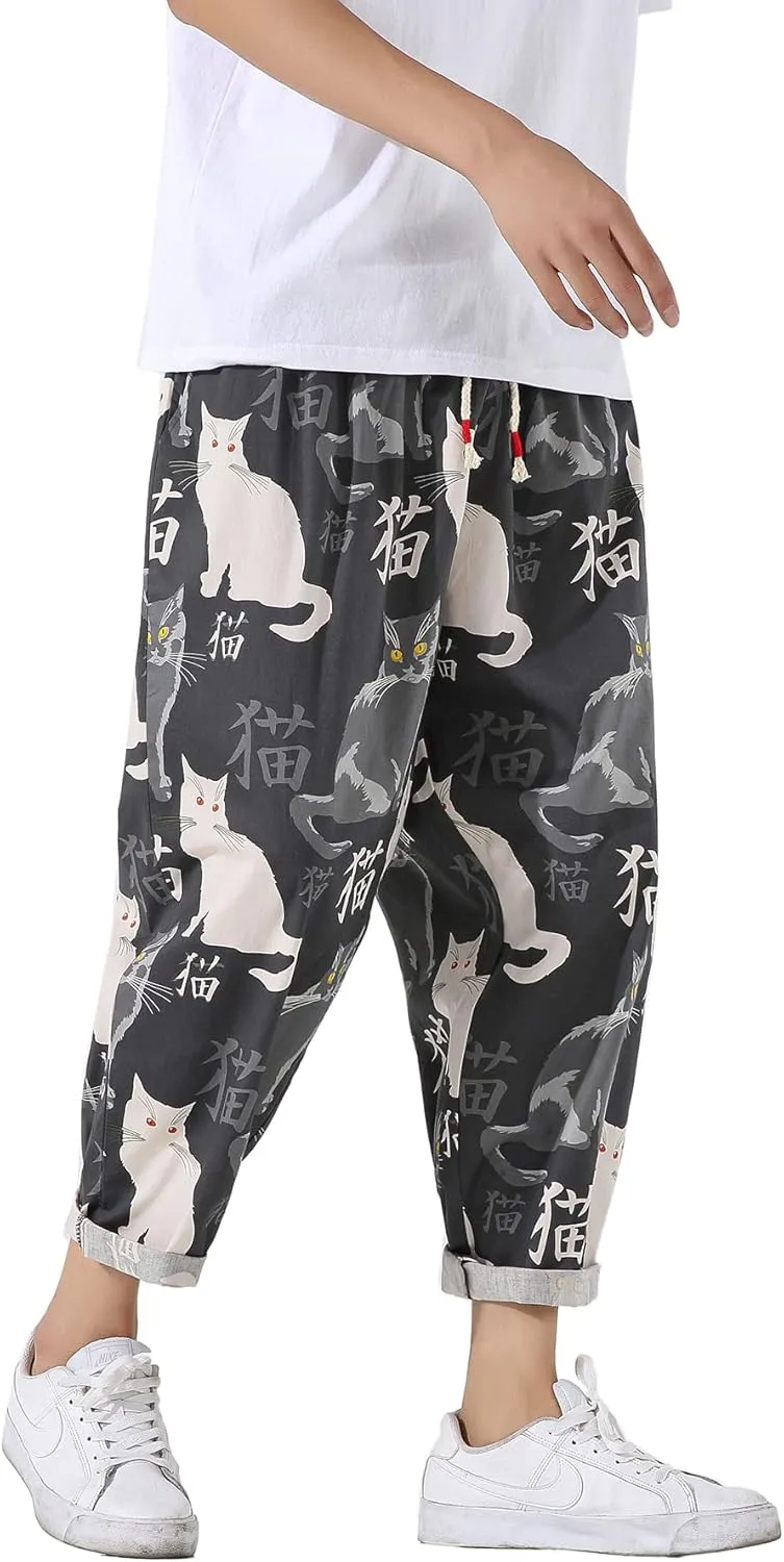 PRIJOUHE Men's Casual Capri Pants Elastic Waist Wide Leg Loose Baggy Harem Pants Breathable Summer Beach Pants