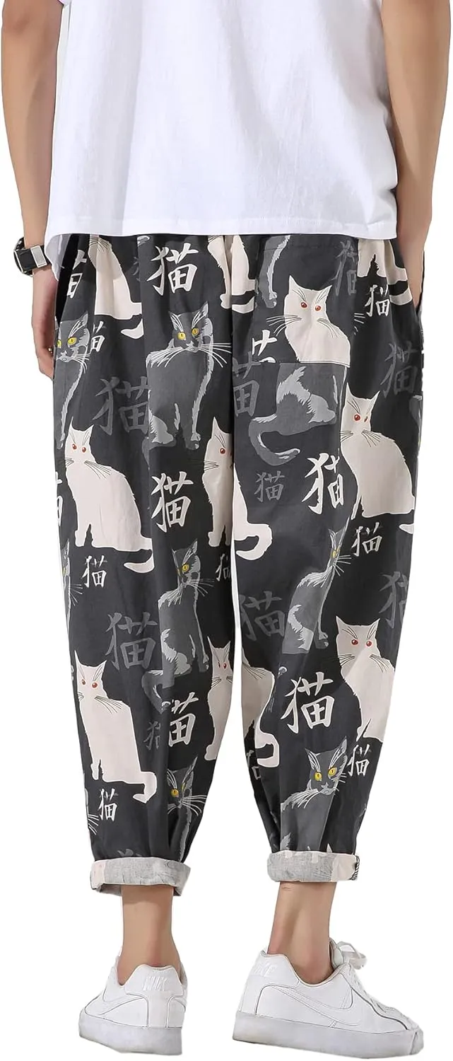 PRIJOUHE Men's Casual Capri Pants Elastic Waist Wide Leg Loose Baggy Harem Pants Breathable Summer Beach Pants