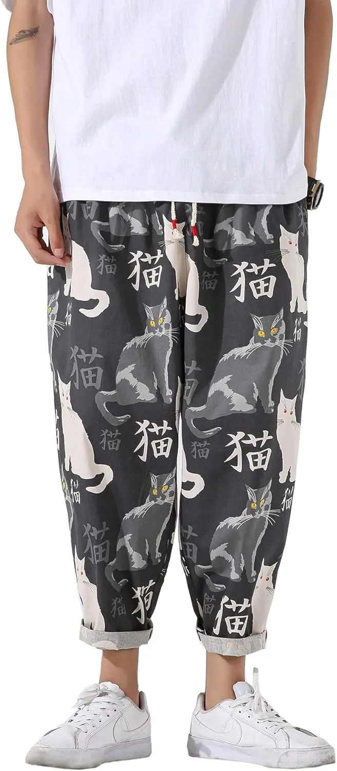 PRIJOUHE Men's Casual Capri Pants Elastic Waist Wide Leg Loose Baggy Harem Pants Breathable Summer Beach Pants