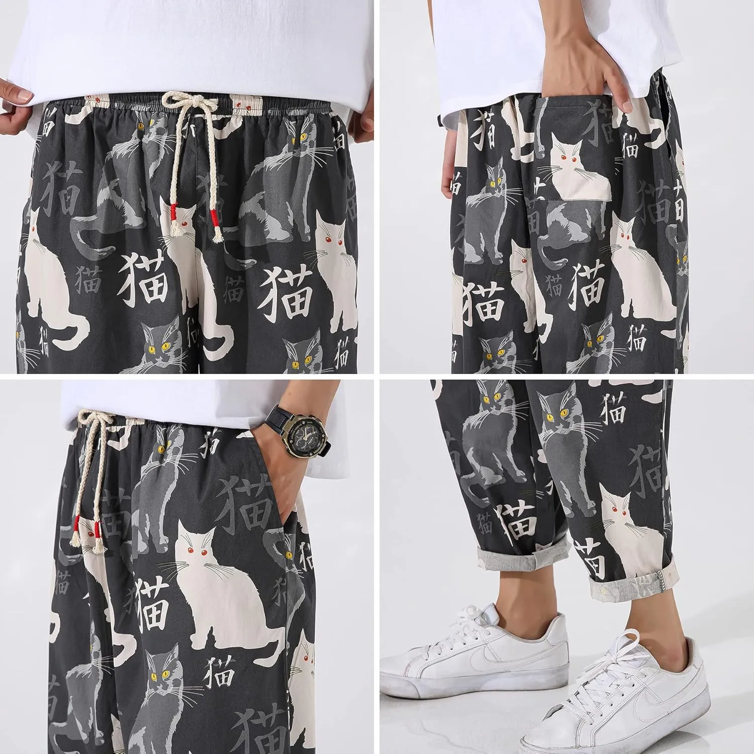 PRIJOUHE Men's Casual Capri Pants Elastic Waist Wide Leg Loose Baggy Harem Pants Breathable Summer Beach Pants