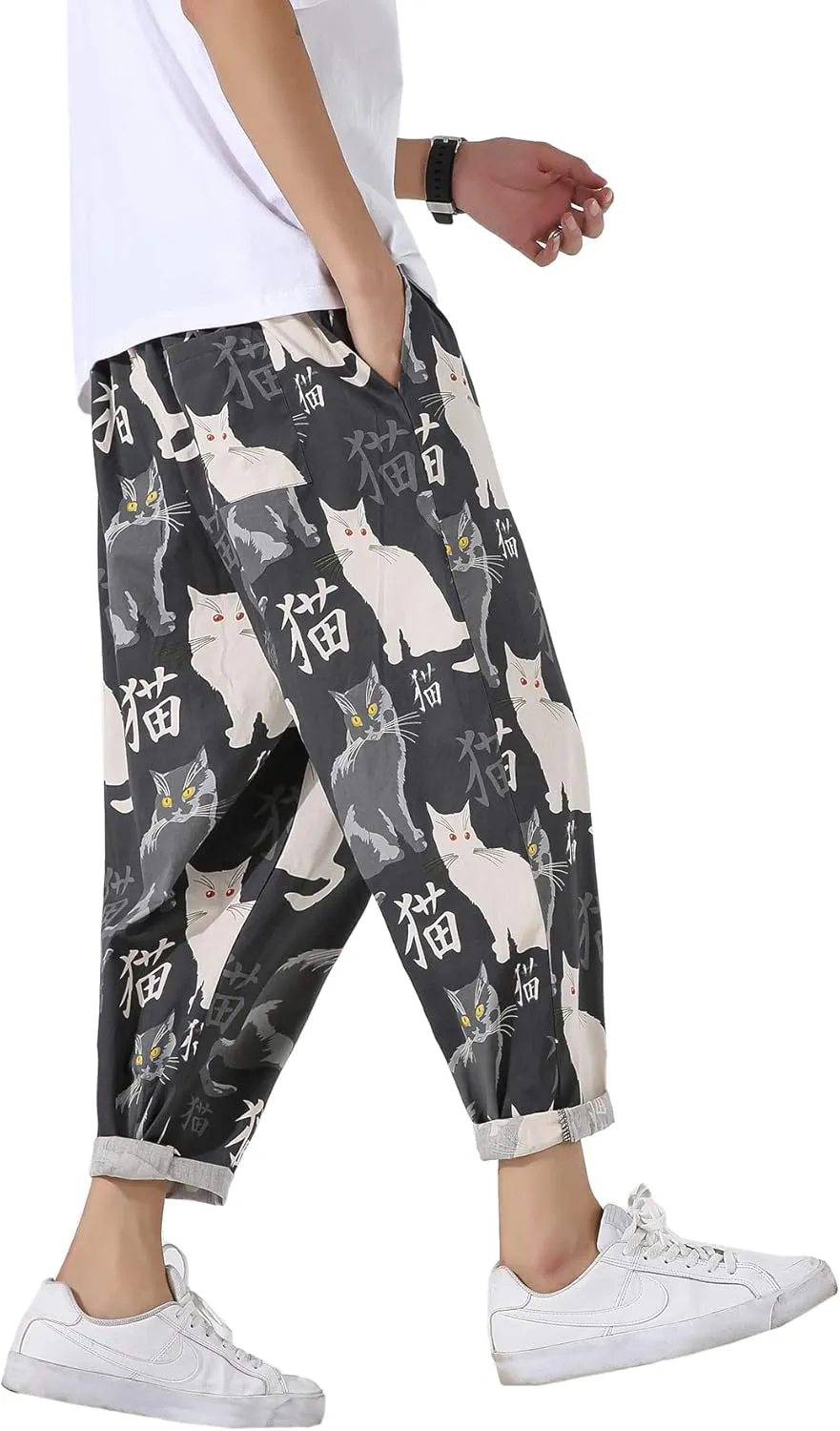 PRIJOUHE Men's Casual Capri Pants Elastic Waist Wide Leg Loose Baggy Harem Pants Breathable Summer Beach Pants
