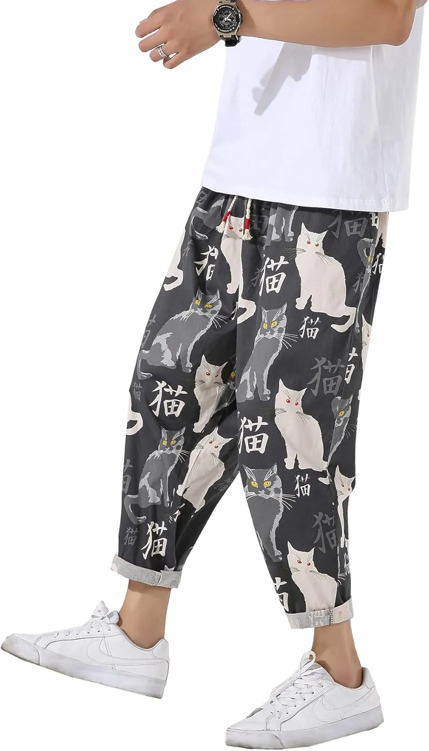 PRIJOUHE Men's Casual Capri Pants Elastic Waist Wide Leg Loose Baggy Harem Pants Breathable Summer Beach Pants