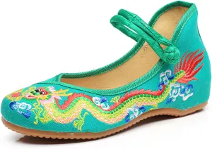 Qhome Womens Chinese Traditional Dragon Embroidery Flats Cheongsam Walking Mary Jane Shoes